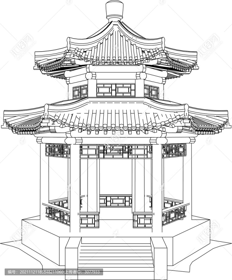 双层重檐六角亭正立面图