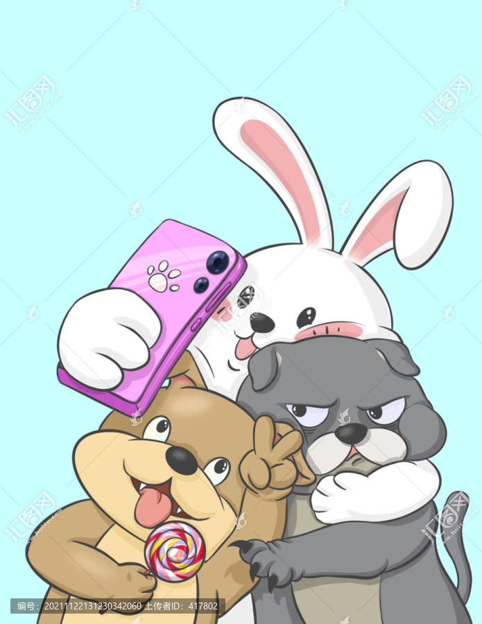 兒童插畫兔貓狗自拍