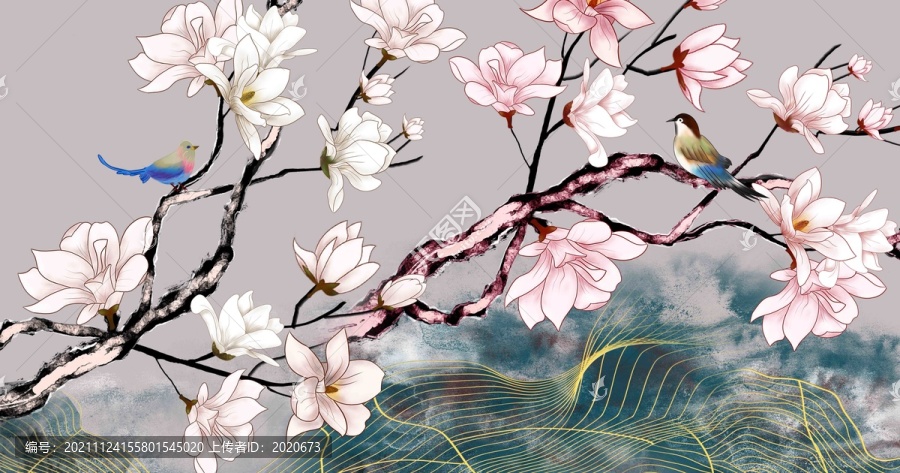 意境金線工筆花鳥(niǎo)壁畫(huà)