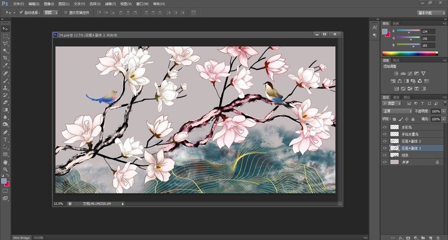 意境金線工筆花鳥(niǎo)壁畫(huà)