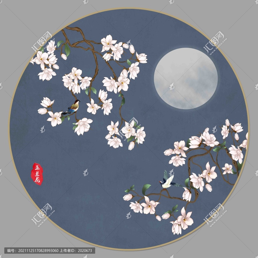 玉蘭花鳥(niǎo)圓形裝飾畫(huà)