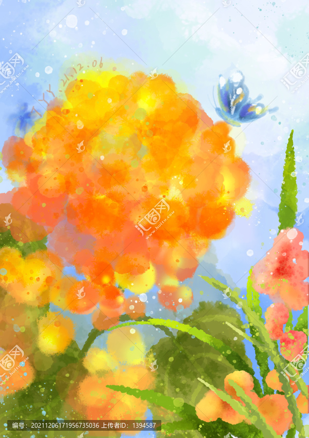 橘色天竺葵和藍蝴蝶