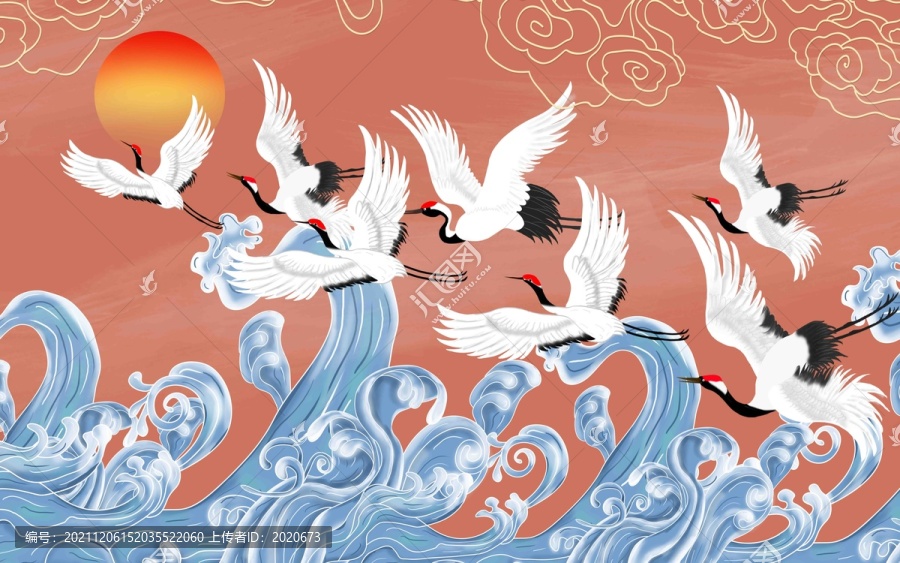 海浪仙鶴云紋中式背景墻