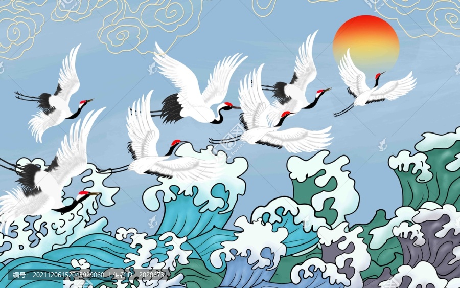 旭日東升仙鶴圖