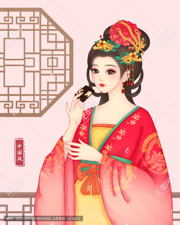 古代貴妃紅棗包裝插畫