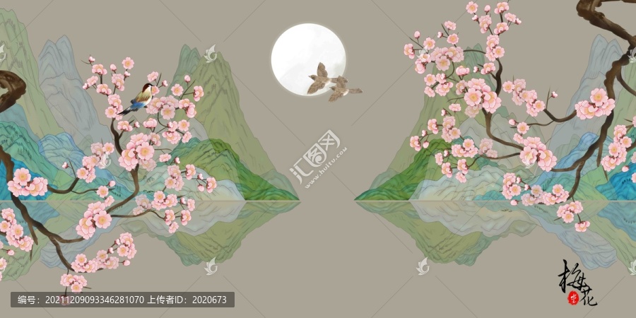 国潮花鸟挂画壁画墙纸