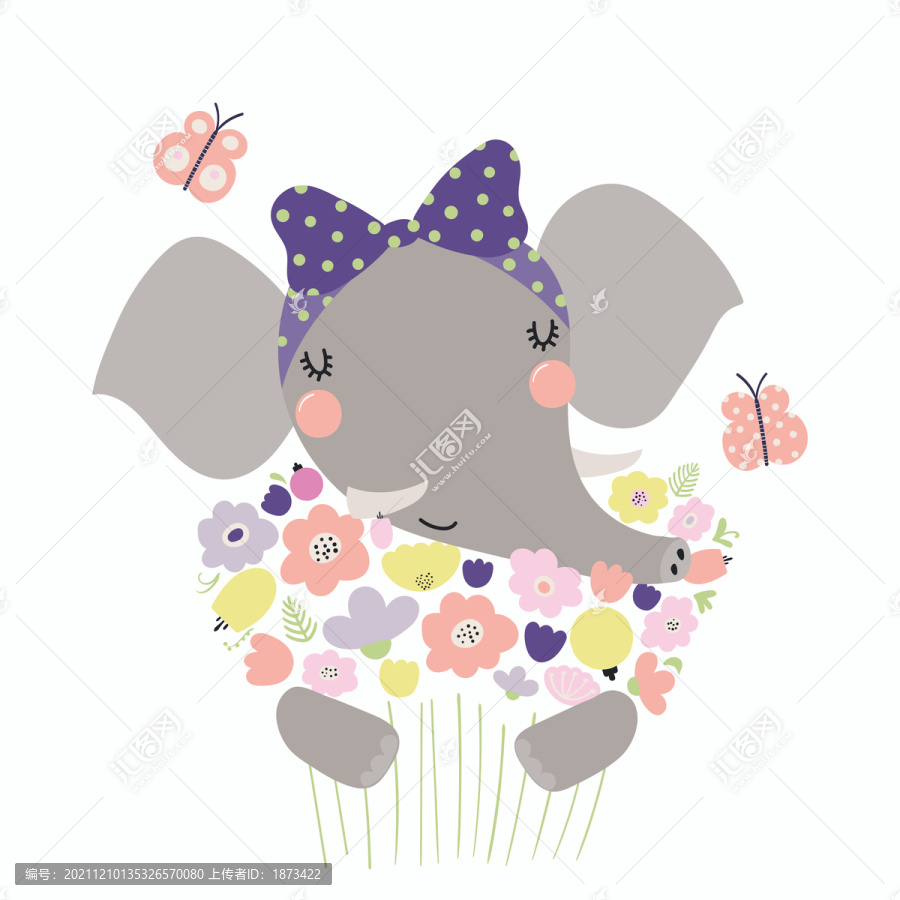 大象少女擁抱花束插圖