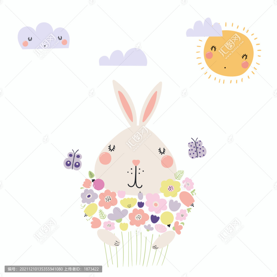 兔子拥抱粉彩花束插图