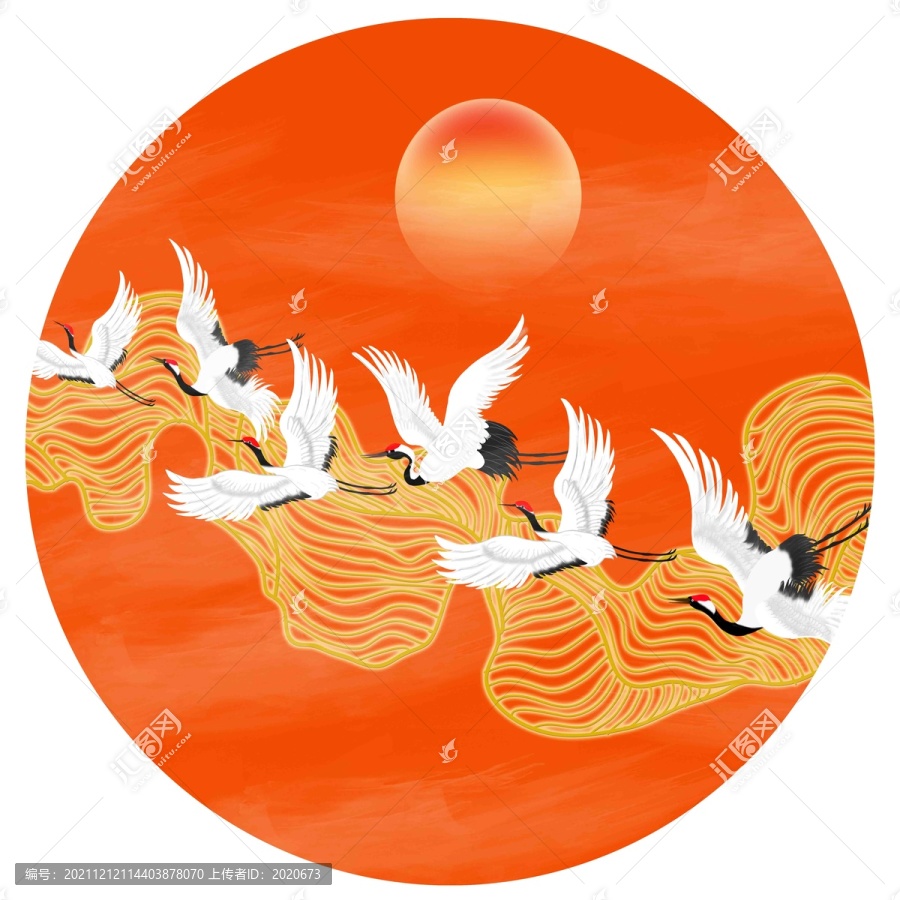 線條仙鶴圖
