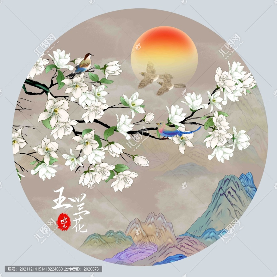 圓形花鳥國(guó)潮插畫