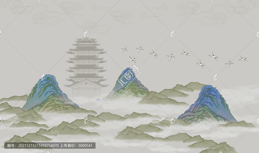 中式山水閣樓背景墻