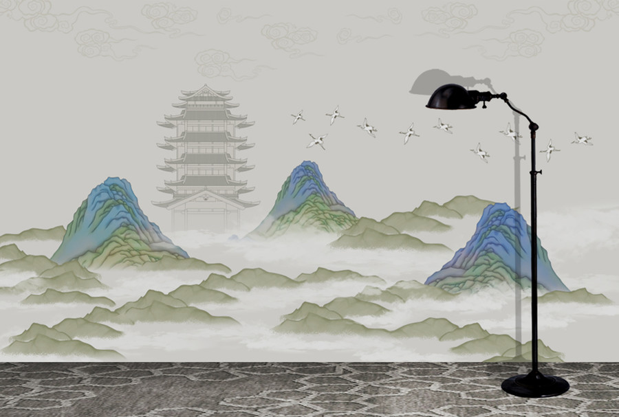 中式山水閣樓背景墻