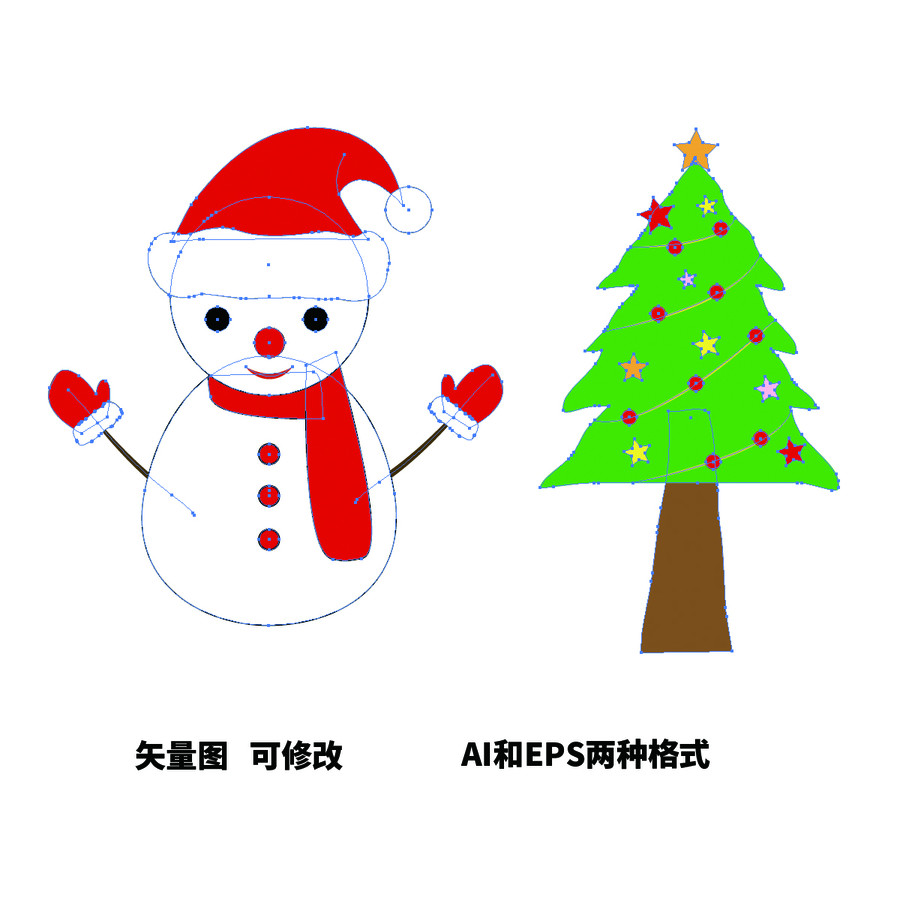 矢量卡通圣誕雪人和圣誕樹