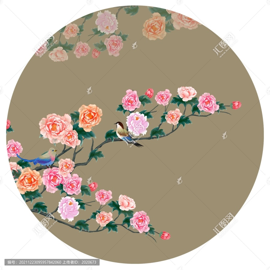 牡丹圓形花鳥