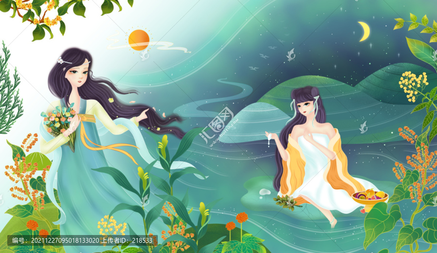 古風(fēng)女孩洗發(fā)水沐浴露包裝插畫