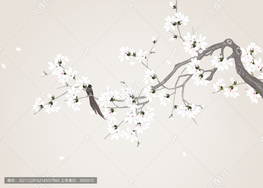 手繪玉蘭花鳥仿古裝飾畫