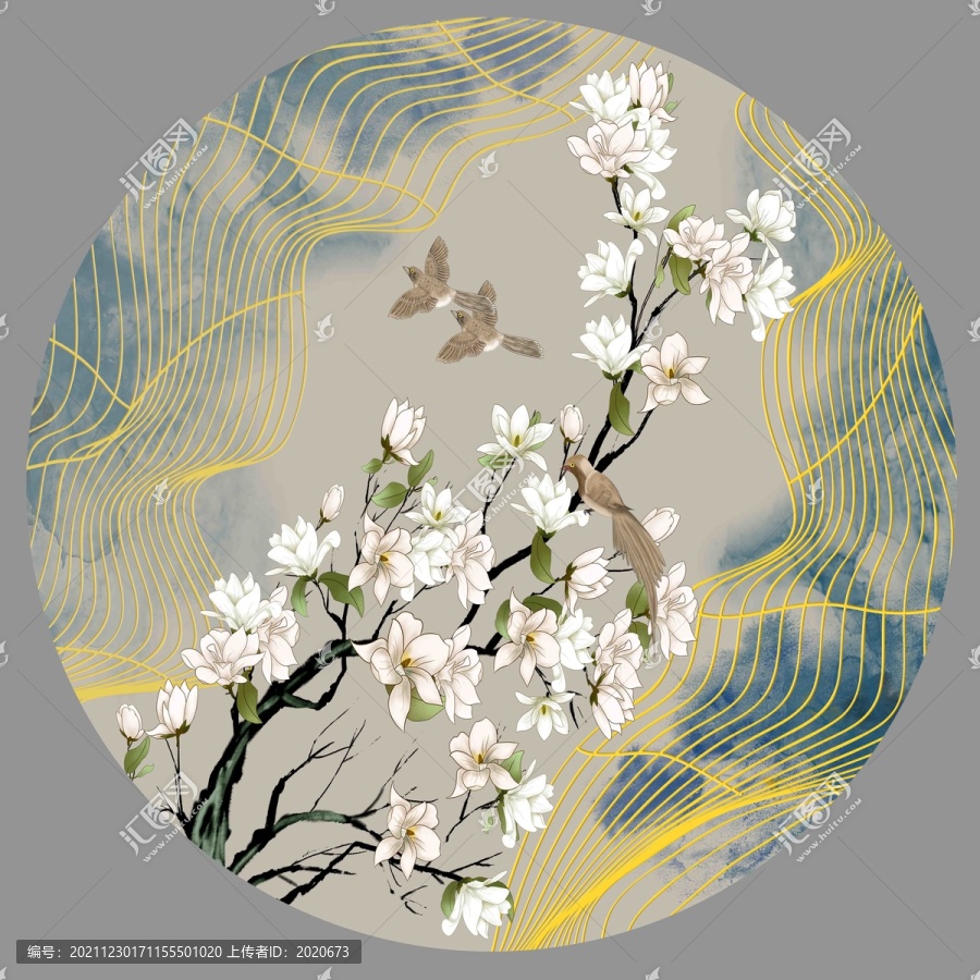 新中式玉兰花圆形壁画挂画