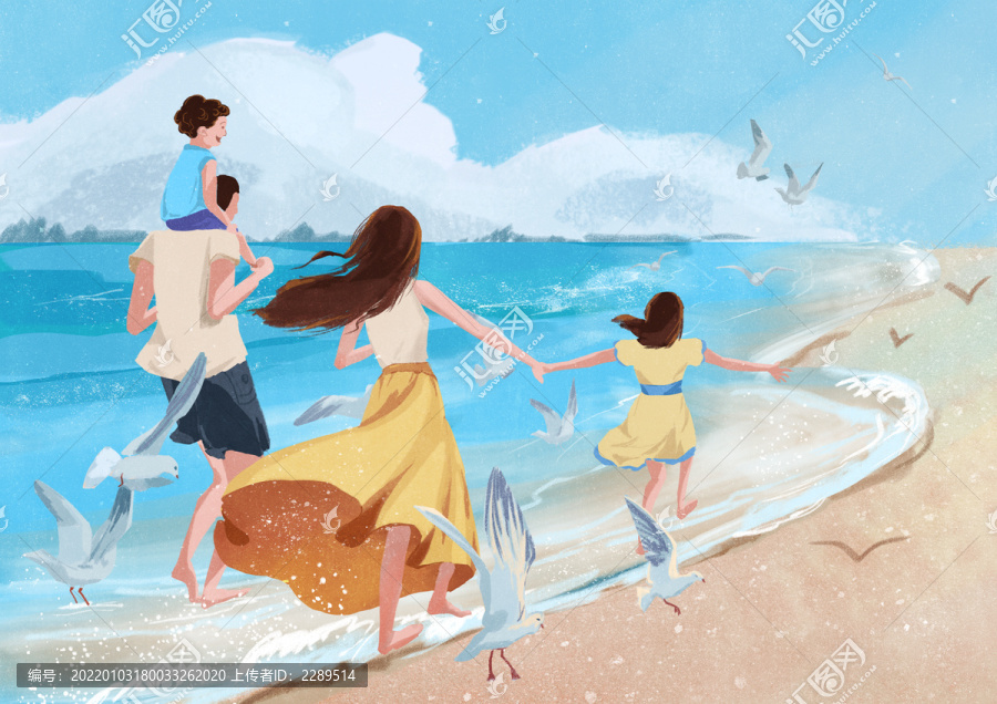 一家四口家庭親情海邊插畫