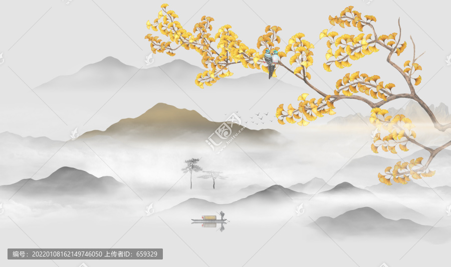 新中式花鸟山水壁画背景墙