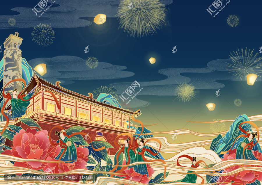 古建筑國(guó)潮節(jié)日插畫(huà)