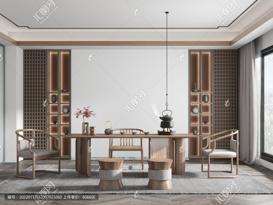 禪意茶室墻布壁畫背景場景圖