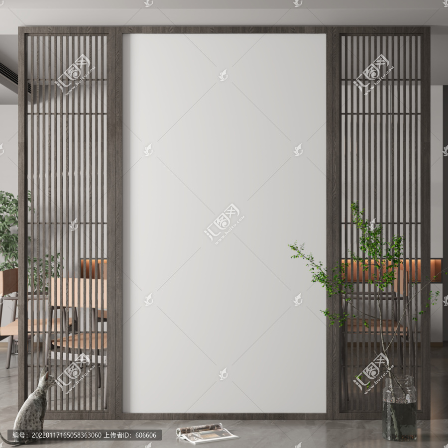 中式玄關(guān)墻布壁畫背景場景圖