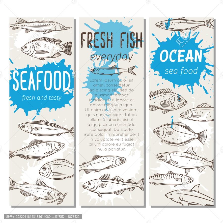 蓝色水彩手绘海鲜鱼群海报