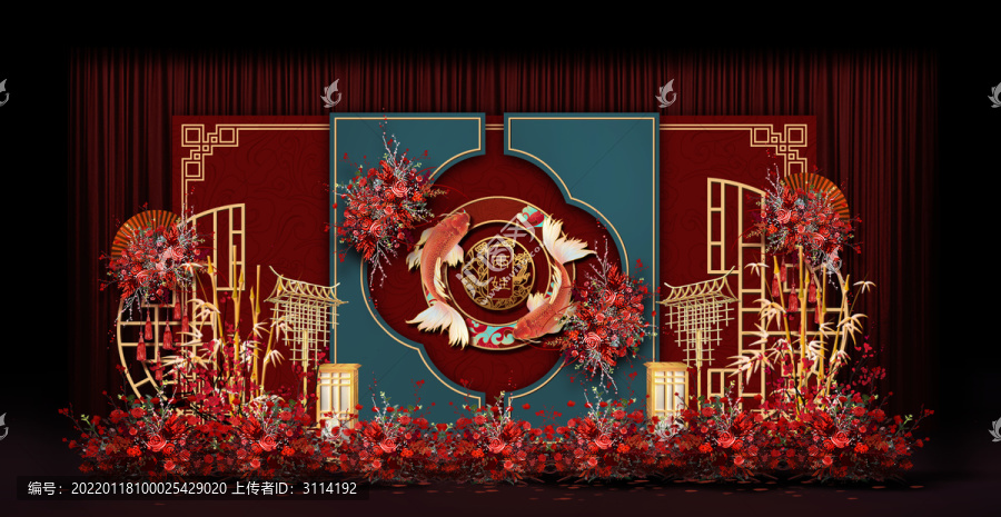 紅藍新中式婚禮手繪效果圖