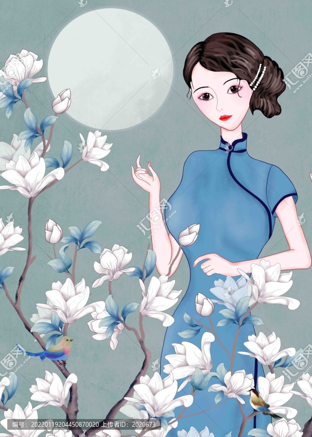 旗袍美人花鳥