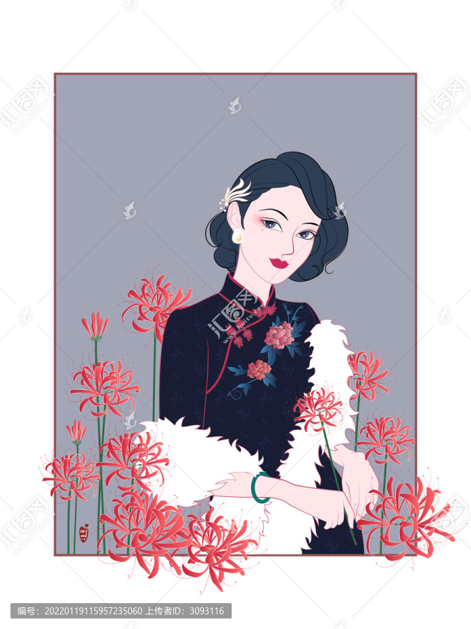 花卉旗袍美人插畫之彼岸花