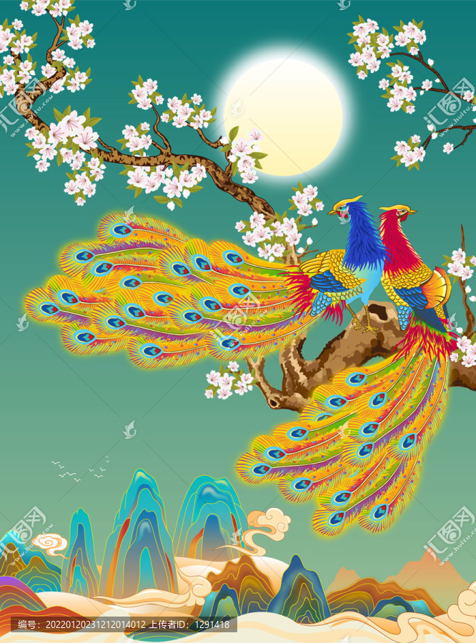 鳳凰國潮山水插畫