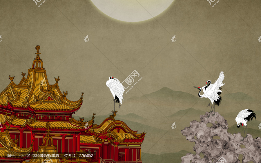 樓閣建筑仙鶴背景墻