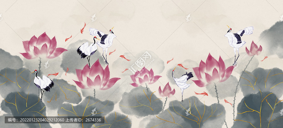 水墨荷花仙鶴裝飾畫