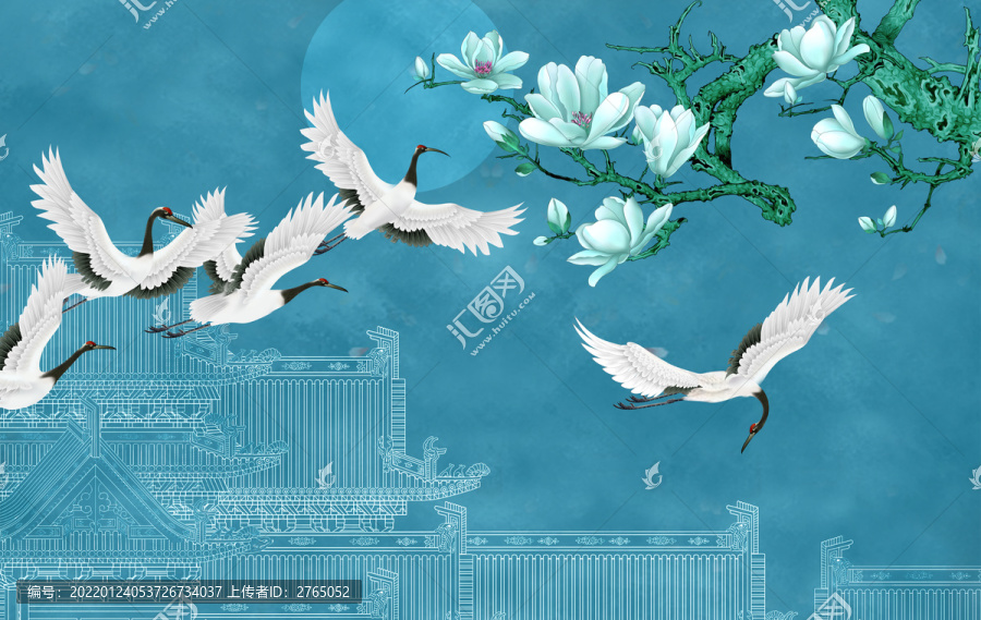 高端竹子花鳥手繪樓閣玉蘭