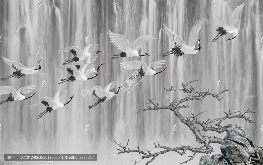 仙鹤瀑布流水新中式国风插画