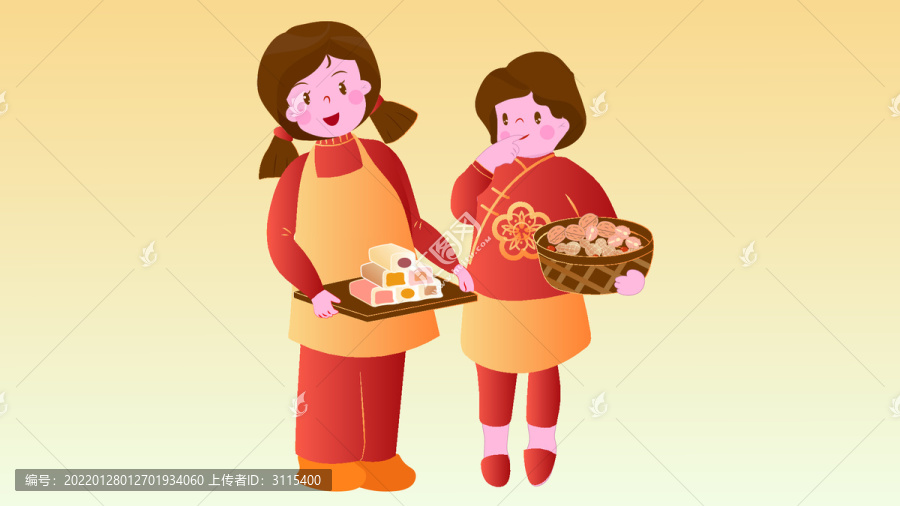 穿中式服裝捧著糕點(diǎn)的兩個(gè)小孩