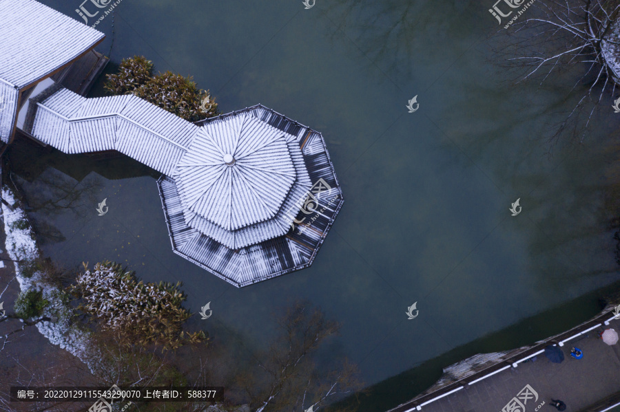 杭州市西湖茅家埠景区雪景航拍