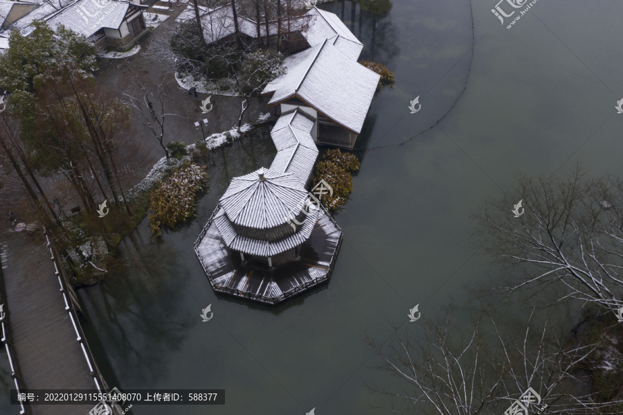 杭州市西湖茅家埠景区雪景航拍