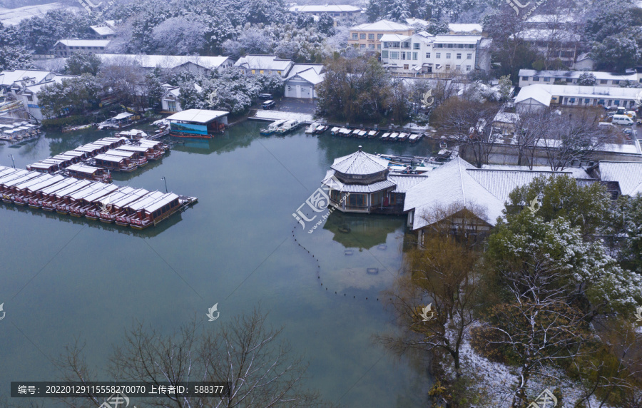 杭州市西湖茅家埠景区雪景航拍