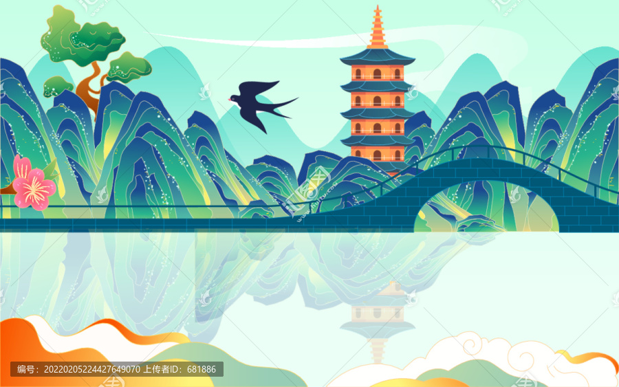 國潮春天風(fēng)景立春節(jié)氣春游插畫