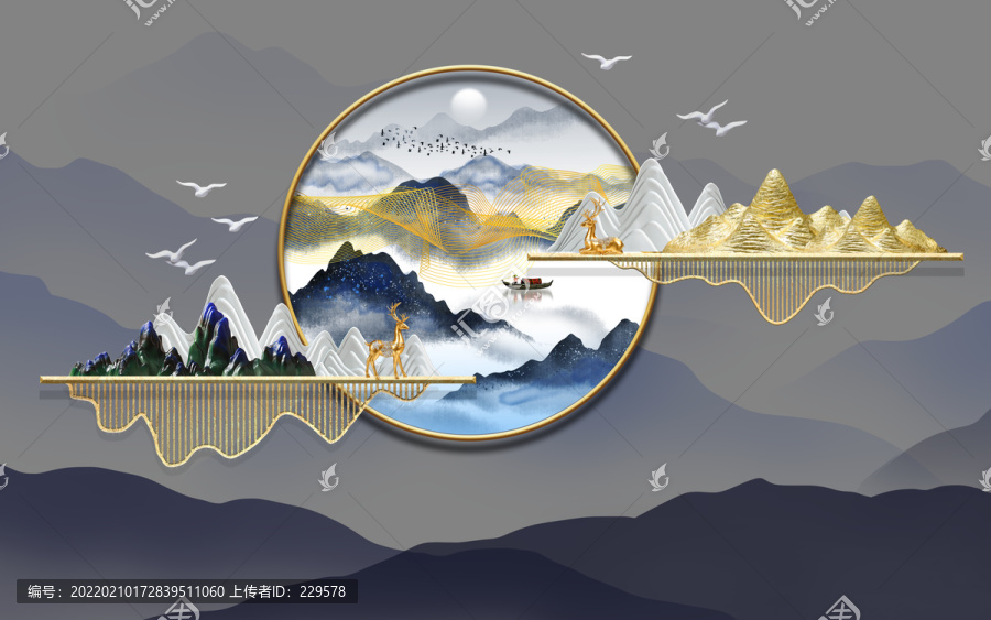 新中式水墨山水麋鹿背景墻