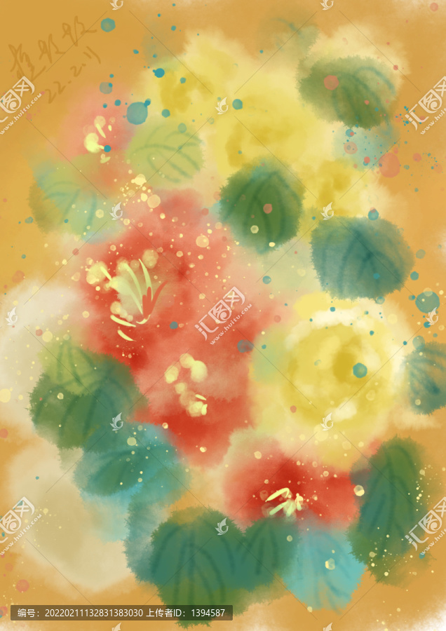 水彩花卉黃色玫瑰花和芍藥