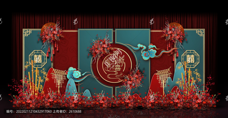 紅藍(lán)新中式婚禮手繪效果圖