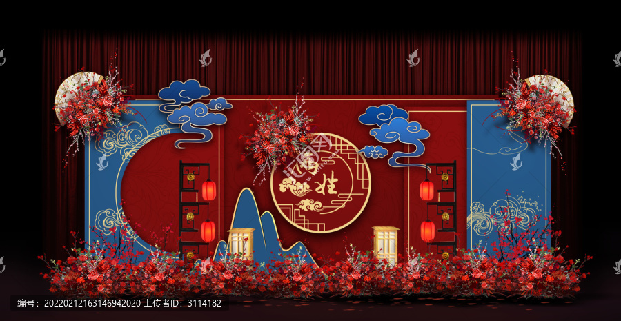 紅藍(lán)新中式婚禮手繪效果圖