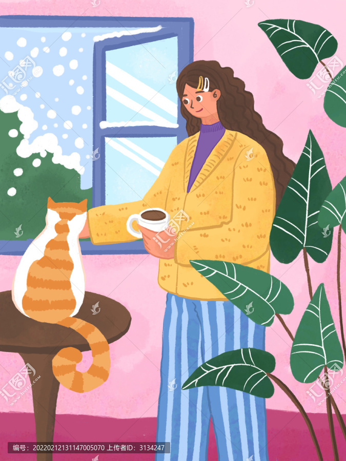 女生在家喝咖啡插畫