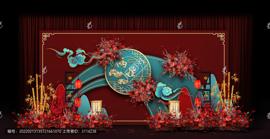 紅藍(lán)新中式婚禮手繪效果圖