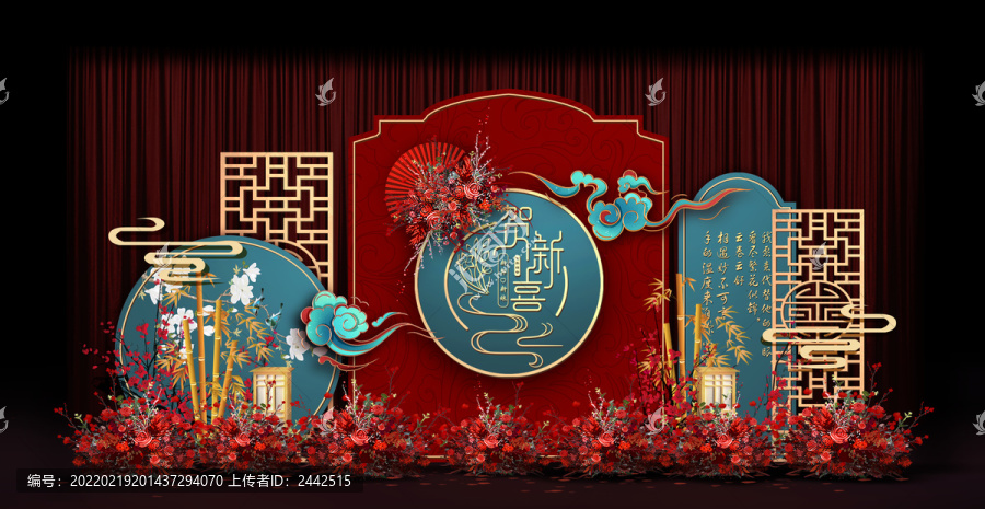 紅藍(lán)新中式婚禮手繪效果圖