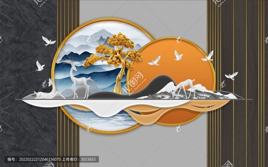現(xiàn)代輕奢麋鹿山水背景墻