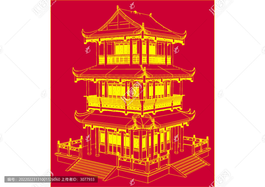 三層仿古樓閣矢量圖