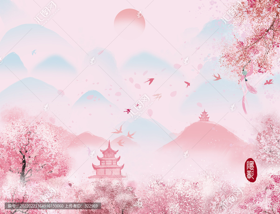 春天背景古風(fēng)背景山水桃花盛開